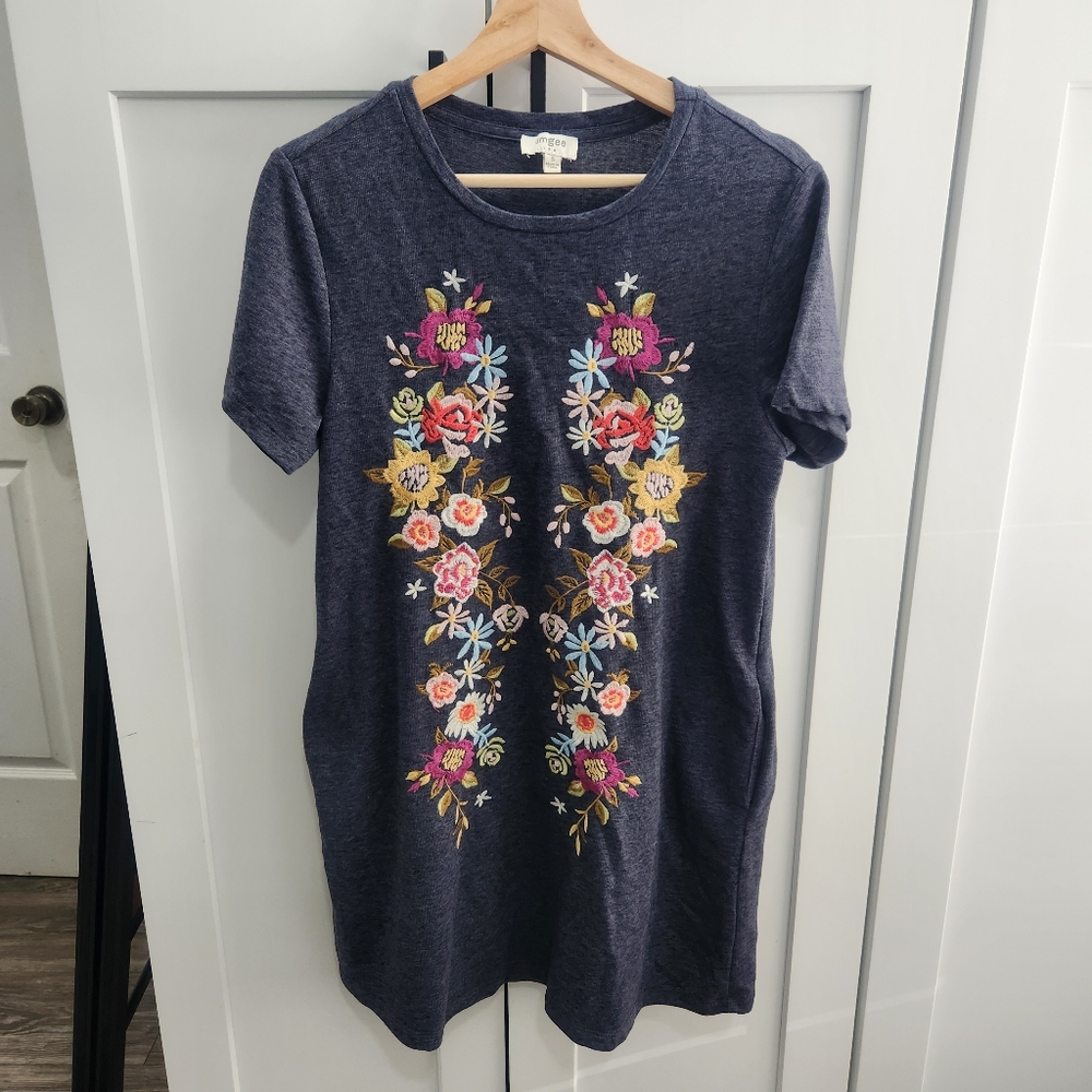 Umgee Floral Embroidered Pocket Tee Dress Small